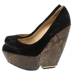 Nicholas Kirkwood Black Suede And Python Leather Wedge Platform Pumps Size 39.5