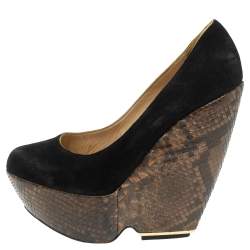 Nicholas Kirkwood Black Suede And Python Leather Wedge Platform Pumps Size 39.5