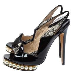 Nicholas Kirkwood Black Patent Leather And Lace Pearl Platform Slingback Sandals Size 40