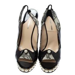 Nicholas Kirkwood Black Patent Leather And Lace Pearl Platform Slingback Sandals Size 40
