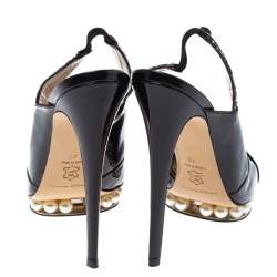 Nicholas Kirkwood Black Patent Leather And Lace Pearl Platform Slingback Sandals Size 40