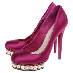 Pre Owned Nicholas Kirkwood Fuchsia Satin Faux Pearl Embellished Platform Pumps Size 36