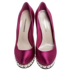 Pre Owned Nicholas Kirkwood Fuchsia Satin Faux Pearl Embellished Platform Pumps Size 36