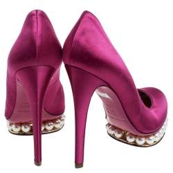 Pre Owned Nicholas Kirkwood Fuchsia Satin Faux Pearl Embellished Platform Pumps Size 36