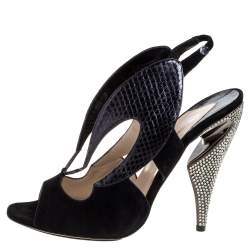 Nicholas Kirkwood Black Suede And Python Embossed Leather Cutout Slingback Sandals Size 39.5