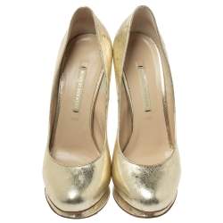 Pre Owned Nicholas Kirkwood Metallic Gold Floral Textured Leather Round Toe Platform Pumps Size 36.5 