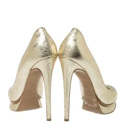 Pre Owned Nicholas Kirkwood Metallic Gold Floral Textured Leather Round Toe Platform Pumps Size 36.5 