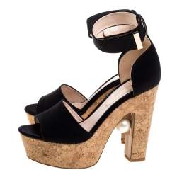 Nicholas Kirkwo Black Satin Pearl Embellished Cork Platform Sandals Size 39