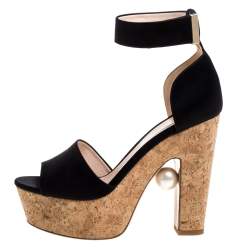 Nicholas Kirkwo Black Satin Pearl Embellished Cork Platform Sandals Size 39