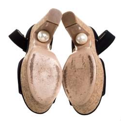 Nicholas Kirkwo Black Satin Pearl Embellished Cork Platform Sandals Size 39