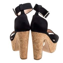 Nicholas Kirkwo Black Satin Pearl Embellished Cork Platform Sandals Size 39