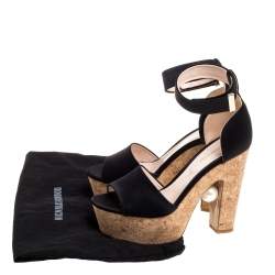 Nicholas Kirkwo Black Satin Pearl Embellished Cork Platform Sandals Size 39
