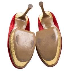 Pre Owned Nicholas Kirkwood Red/Gold Velvet Platform Pumps Size 37.5