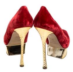 Pre Owned Nicholas Kirkwood Red/Gold Velvet Platform Pumps Size 37.5