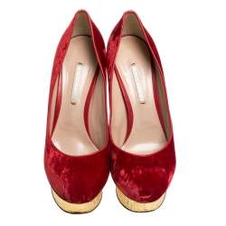Pre Owned Nicholas Kirkwood Red/Gold Velvet Platform Pumps Size 37.5