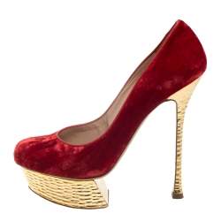 Pre Owned Nicholas Kirkwood Red/Gold Velvet Platform Pumps Size 37.5