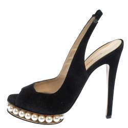 Nicholas Kirkwood Black Suede  Pearl Embellished Platform Slingback Sandals Size 38