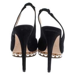 Nicholas Kirkwood Black Suede  Pearl Embellished Platform Slingback Sandals Size 38