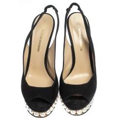 Nicholas Kirkwood Black Suede  Pearl Embellished Platform Slingback Sandals Size 38