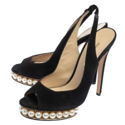 Nicholas Kirkwood Black Suede  Pearl Embellished Platform Slingback Sandals Size 38