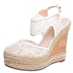 Nicholas Kirkwood White Lace Wedge Platform Ankle Strap Espadrilles Size 35.5