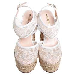 Nicholas Kirkwood White Lace Wedge Platform Ankle Strap Espadrilles Size 35.5