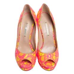 Pre Owned Nicholas Kirkwood Neon Pink And Yellow Lace Peep Toe Pumps Size 38.5