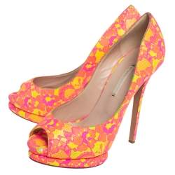 Pre Owned Nicholas Kirkwood Neon Pink And Yellow Lace Peep Toe Pumps Size 38.5