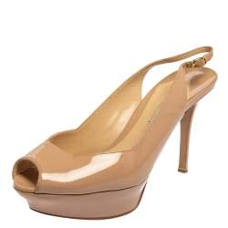 Nicholas Kirkwood Beige Patent Leather Peep Toe Slingback Sandals Size 39