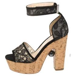 Nicholas Kirkwood Black Lace Maya Pearl Platform Ankle Strap Sandals Size 39.5