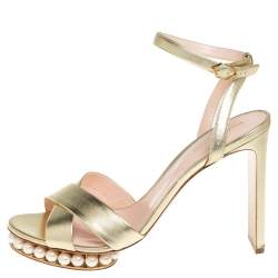 Nicholas Kirkwood Gold Leather Pearl Embellished Platform Ankle Strap Sandals Size 42