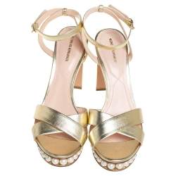 Nicholas Kirkwood Gold Leather Pearl Embellished Platform Ankle Strap Sandals Size 42