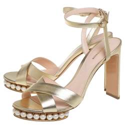 Nicholas Kirkwood Gold Leather Pearl Embellished Platform Ankle Strap Sandals Size 42