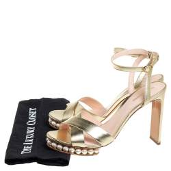 Nicholas Kirkwood Gold Leather Pearl Embellished Platform Ankle Strap Sandals Size 42