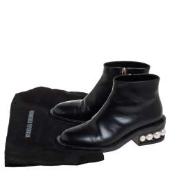 Pre Owned Nicholas Kirkwood Black Leather Faux Pearl Embellished Ankle Boots Size 36.5