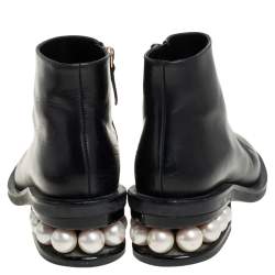 Pre Owned Nicholas Kirkwood Black Leather Faux Pearl Embellished Ankle Boots Size 36.5