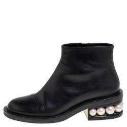 Pre Owned Nicholas Kirkwood Black Leather Faux Pearl Embellished Ankle Boots Size 36.5