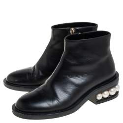 Pre Owned Nicholas Kirkwood Black Leather Faux Pearl Embellished Ankle Boots Size 36.5