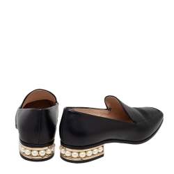 Pre Owned Nicholas Kirkwood Black Leather Casati Pearl Embellished Heel Loafers Size 38