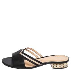 Nicholas Kirkwood Black Mesh and Leather Pearl Embellished Flat Slides Size 37