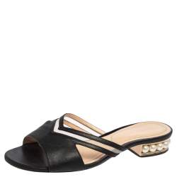 Nicholas Kirkwood Black Mesh and Leather Pearl Embellished Flat Slides Size 37