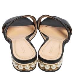 Nicholas Kirkwood Black Mesh and Leather Pearl Embellished Flat Slides Size 37