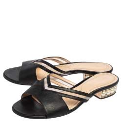 Nicholas Kirkwood Black Mesh and Leather Pearl Embellished Flat Slides Size 37