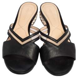 Nicholas Kirkwood Black Mesh and Leather Pearl Embellished Flat Slides Size 37