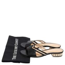 Nicholas Kirkwood Black Mesh and Leather Pearl Embellished Flat Slides Size 37