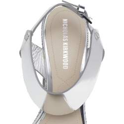 Pre Owned Nicholas Kirkwood Metallic Silver Foil Leather Wedge Espadrille Ankle Strap Sandals Size 37.5 