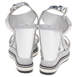 Pre Owned Nicholas Kirkwood Metallic Silver Foil Leather Wedge Espadrille Ankle Strap Sandals Size 37.5 