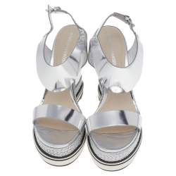 Pre Owned Nicholas Kirkwood Metallic Silver Foil Leather Wedge Espadrille Ankle Strap Sandals Size 37.5 