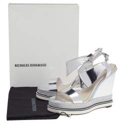 Pre Owned Nicholas Kirkwood Metallic Silver Foil Leather Wedge Espadrille Ankle Strap Sandals Size 37.5 