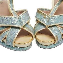 Nicholas Kirkwood Blue/Cream Patent Leather and Glitter T Strap Platform Sandals Size 37.5